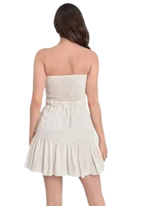 vestido lino corto strapless de escote corazon con nudo high stre