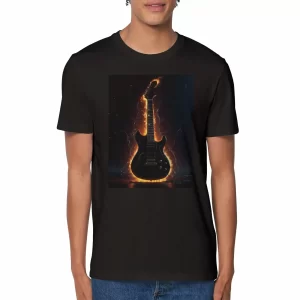 Camiseta orgánica unisex con cuello redondo: Cuerdas en Llamas – La Guitarra que Quema Notas