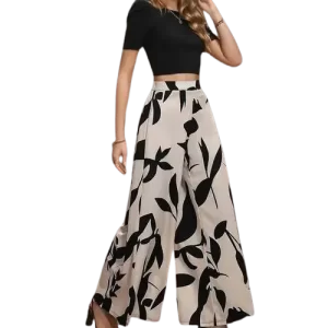 Elegante dos piezas de camiseta y pantalon ancho estampado sustentable