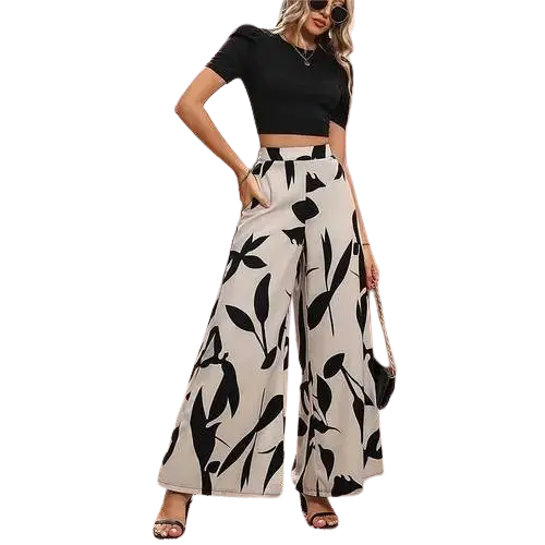 Conjunto mujer dos piezas camiseta estampada y pantalón ancho en poliéster reciclado para look elegante y cómodo en México