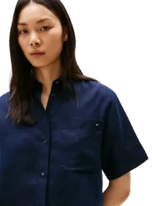 Camisa Dama Azul De Manga Corta En Lino Tommy Hilfiger