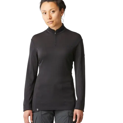 Playera de trekking Forclaz MT500 de manga larga para hombre, color negro, confeccionada en lana merino técnica para alta montaña.